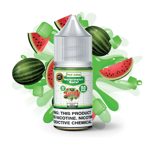 POD JUICE WATERMELON BURST 55MG BOTTLE WITH WATERMELONS AND WATERMELON BUBBLEGUM PIECES IN THE BACKFGROUND AGAINST A WHITE CANVAS | PRICE POINT NY