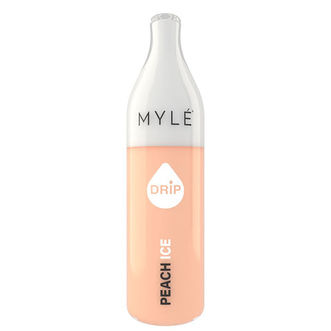 MYLE DRIP DISPOSABLE UPRIGHT BOTTLE PRODUCT SHOT - PEACH ICE | 2000 PUFFS | PRICE POINT NY
