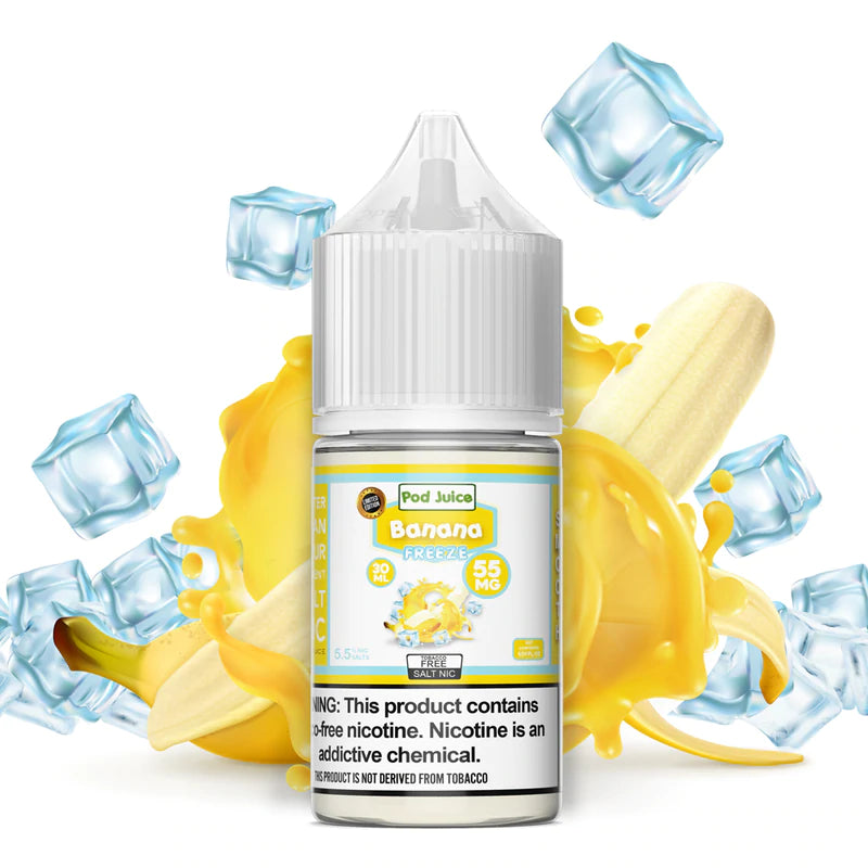 pod juice 55 banana freeze bottle with bananas and menthol in the background against a white background