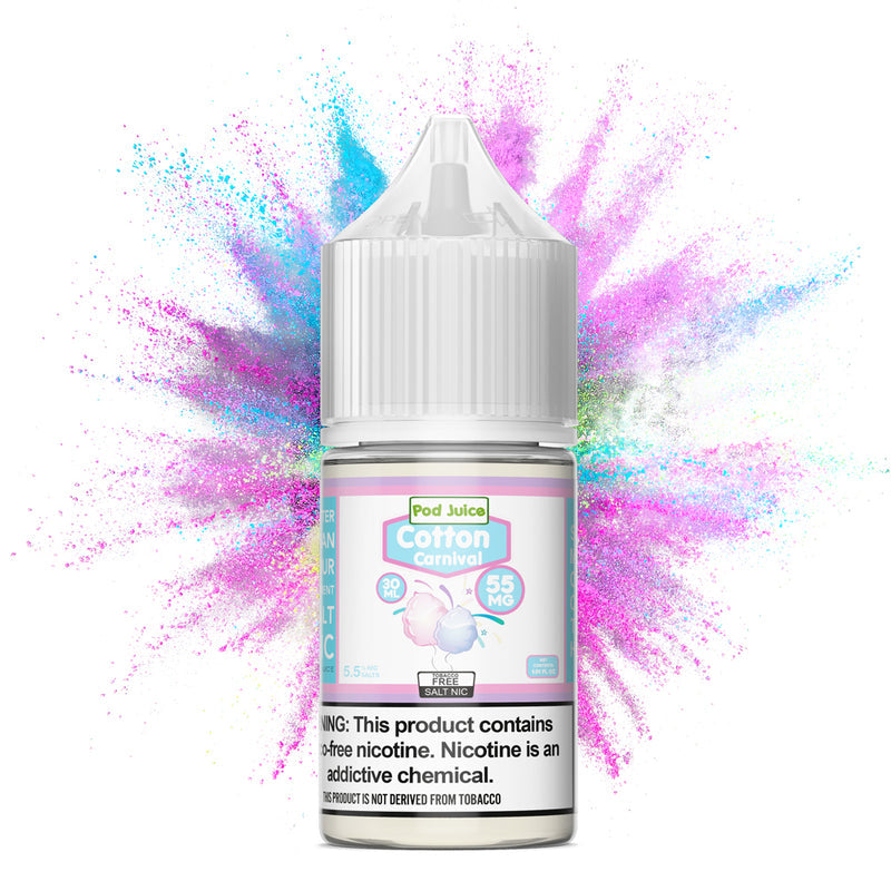POD JUICE 55 COTTON CARNIVAL SALT NICOTINE TFN BOTTLE WITH COTTON CANDY FIREWORKS AGAINST A WHITE CANVAS BACKGROUND | PRICE POINT NY