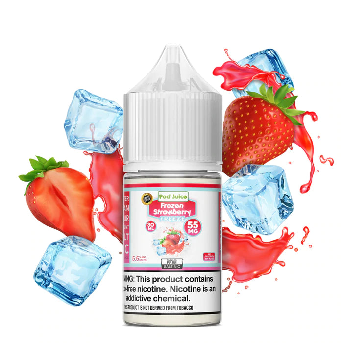 POD JUICE 55 FROZEN STRAWBERRY BOTTLE WITH STRAWBERRIES AND ICE CUBES AGAINST A WHITE BACKGROUND PRICE POINT NY