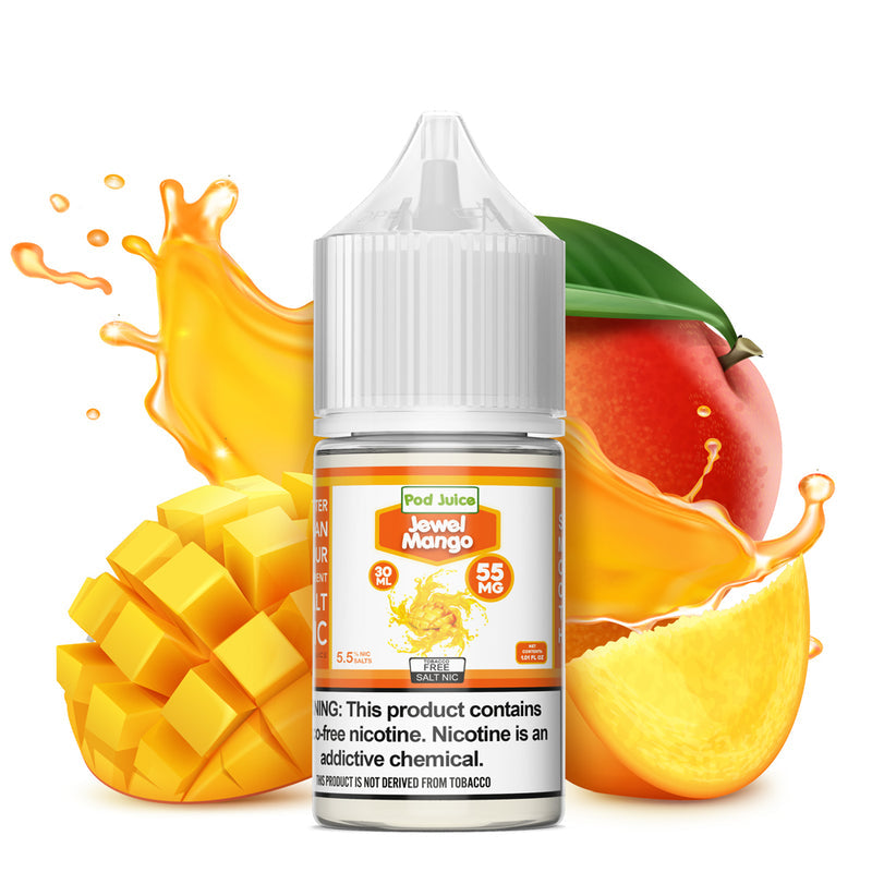 POD JUICE JEWEL MANGO BOTTLES WITH MANGOS IN THE BACKGROUND AGAINST A WHITE CANVAS | PRICE POINT NY