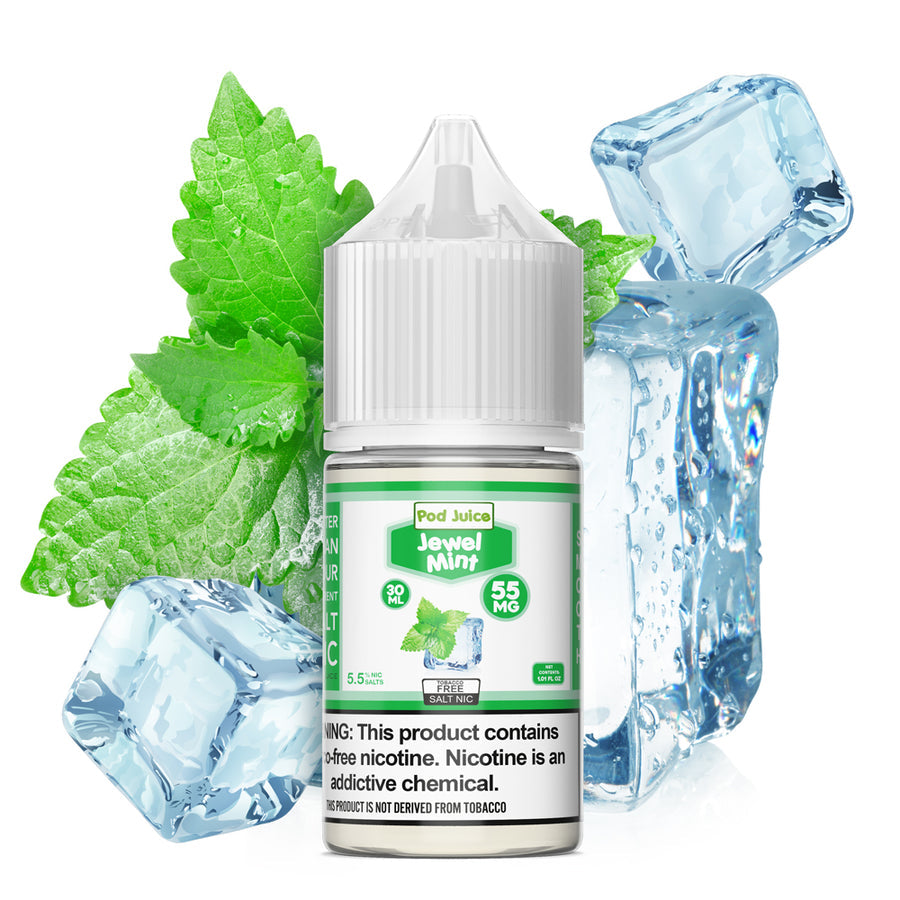 POD JUICE JEWEL MINT 55MG BOTTLE WITH MINT LEAVES AND ICE CUBES IN THE BACKGROUND AGAINST A WHITE CANVAS | PRICE POINT NY