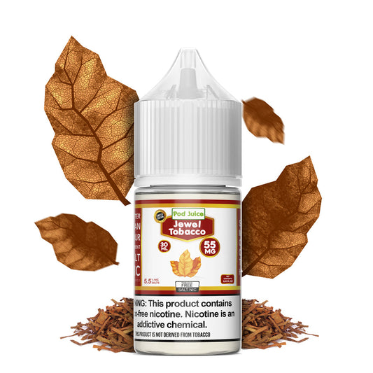 POD JUICE JEWEL TOBACCO 55MG BOTTLES WITH TOBACCO LEAVES IN THE BACKGROUND AGAINST A WHITE BACKGROUND | PRICE POINT NY