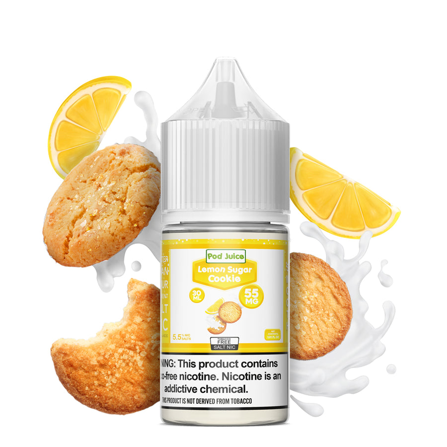 POD JUICE 55 LEMON SUGAR COOKIE BOTTLES WITH MILK, LEMONS, AND COOKIES IN THE BACKGROUND AGAINST A WHITE BACKGROUND | PRICE POINT NY