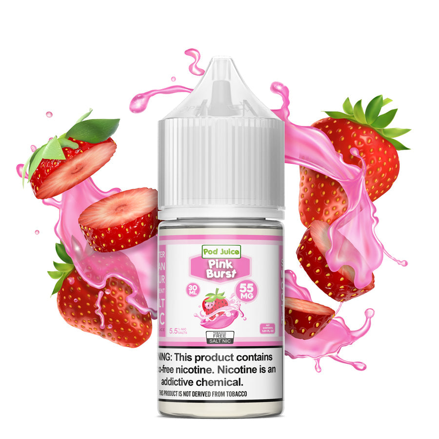 POD JUICE PINK BURST BOTTLE WITH PINK BURSTING STRAWBWERRIES IN THE BACKGROUND AGAINST A WHITE CANVAS | PRICE POINT NY