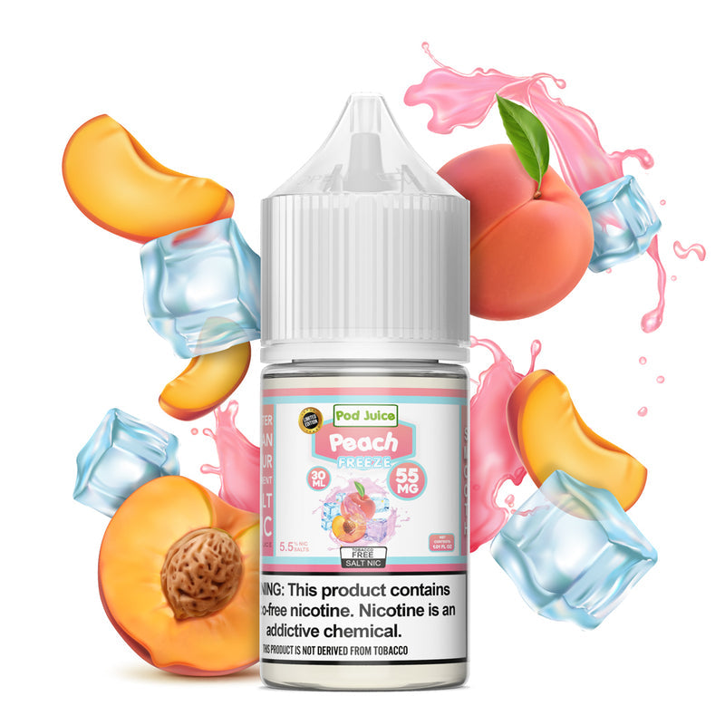 POD JUICE PEACH FREEZE BOTTLE WITH PEACHES AND ICE CUBES IN THE BACKGROUND AGAINST A WHITE CANVAS | PRICE POINT NY