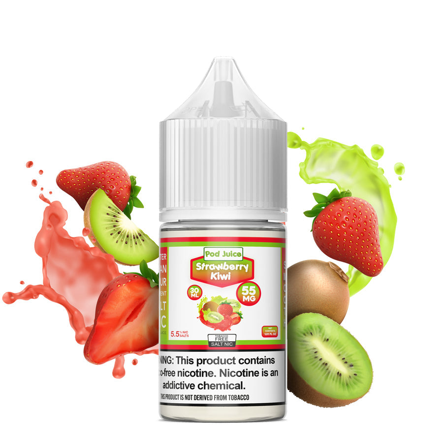 POD JUICE 55 STRAWBERRY KIWI BOTTLE WITH STRAWBERRIES AND KIWIS IN THE BACKGROUND AGAINST A WHITE CANVAS | PRICE POINT NY