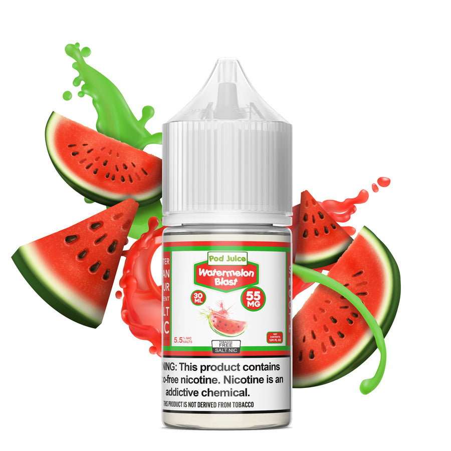 POD JUICE 55 SALT NIC WATERMELON BLAST BOTTLES WITH WATERMELONS IN THE BACKGROUND AGAINST A WHITE CANVAS | price point ny