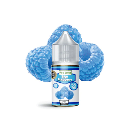 POD JUICE BLUE RASPBERRY BOTTLE with raspberries in the background on a white canvas | price point ny