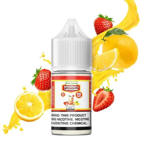 STRAWBERRY LEMONADE 55 MG BOTTLE WITH STRAWBERRIES AND LEMONADE IN THE BACKGROUND AGAINST A WHITE CANVAS | PRICE POINT NY