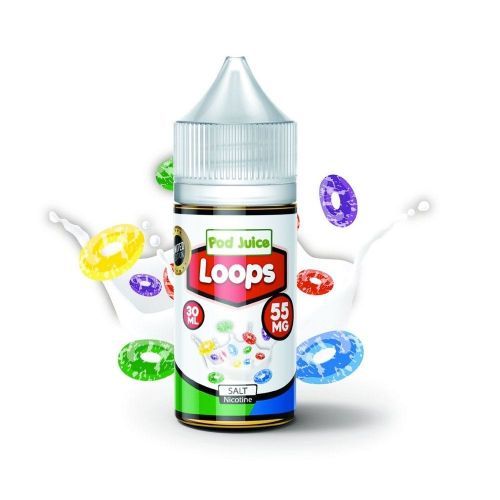 POD JUICE 55MG LOOPS BOTTLES WITH CEREAL IN THE BACKGROUND AGAINST A WHITE CANVAS | PRICE POINT NY